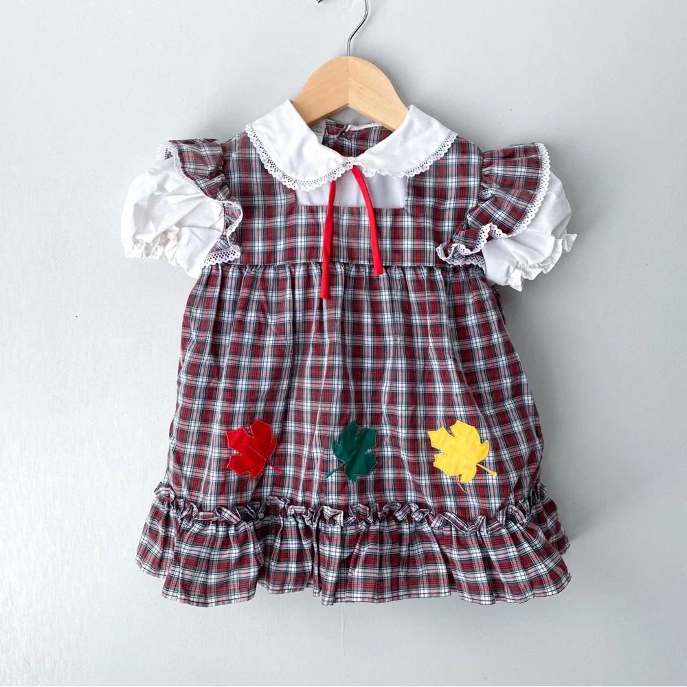 Vintage JCPenney Toddletime Puff Sleeve Plaid Fall Leaf Embroidered Dress 2-3T
